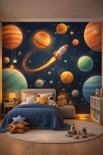 Navy celestial, silver cosmic space planets featuring stars - Wall Mural Peel and Stick Wallpaper for Outer Space / Celestial Kids Bedroom.