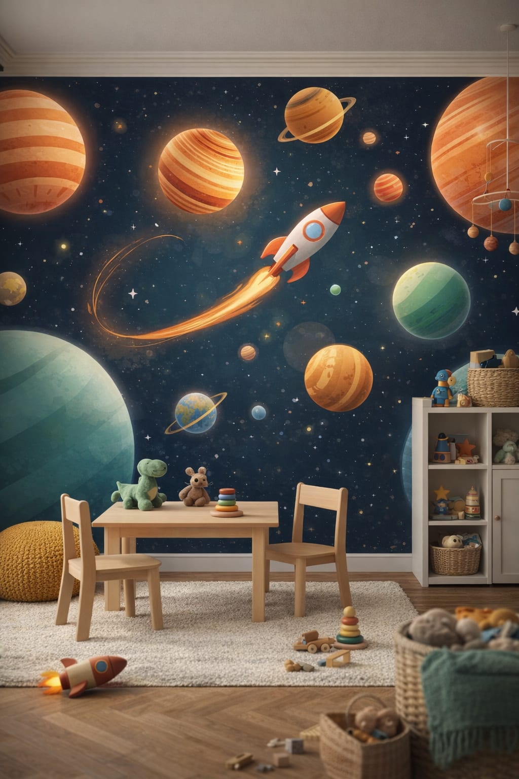 Teal walnut Mid-century Kids space planets featuring rocket ship - Wall Mural Peel and Stick Wallpaper for Mid-century Kids Playroom.