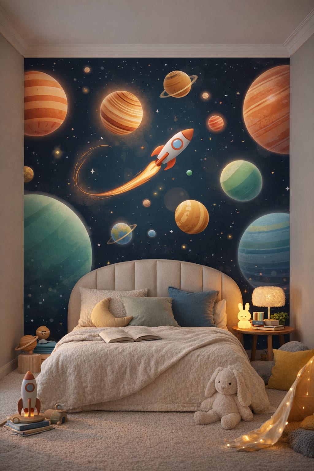 Space Age orange-silver space planets featuring rocket ship - Wall Mural Peel and Stick Wallpaper for Space Age Reading Corner.