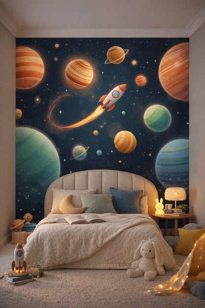 Space Age orange-silver space planets featuring rocket ship - Wall Mural Peel and Stick Wallpaper for Space Age Reading Corner.