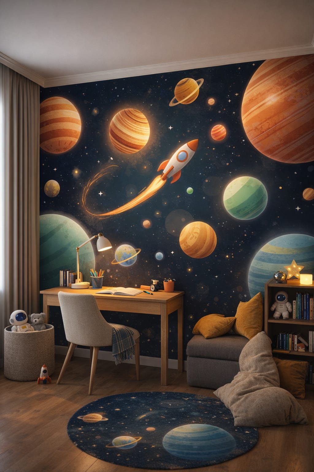 Pop Art, primary-color space planets featuring rocket ship - Wall Mural Peel and Stick Wallpaper for Pop Art Homework / Study Corner.