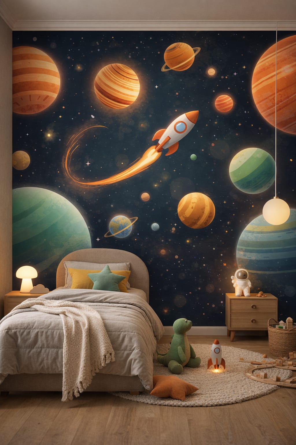 Gray-mint modern, gender-neutral space planets featuring stars - Wall Mural Peel and Stick Wallpaper for Gender-Neutral Contemporary Kids Bedroom.