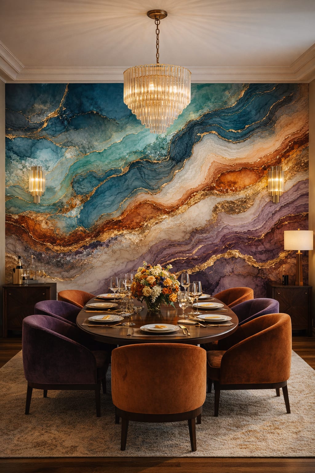 Art Deco emerald geode abstraction - Wall Mural Peel and Stick Wallpaper for Art Deco Formal Dining Room.