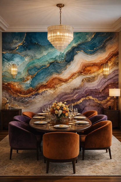 Art Deco emerald geode abstraction - Wall Mural Peel and Stick Wallpaper for Art Deco Formal Dining Room.