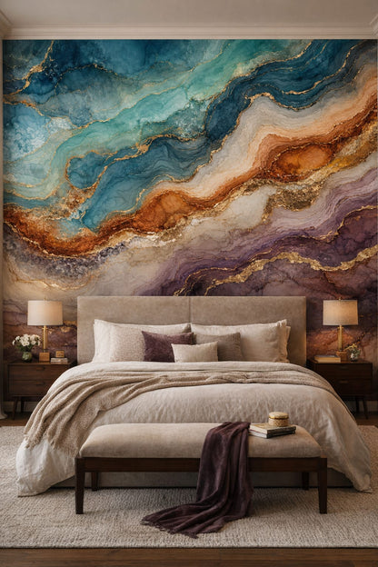 Luxury Contemporary, neutral stone geode abstraction - Wall Mural Peel and Stick Wallpaper for Luxury Contemporary Master Bedroom.