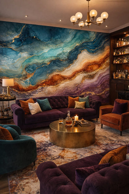 Maximalist jewel-toned geode abstraction - Wall Mural Peel and Stick Wallpaper for Maximalist Bar/Lounge.