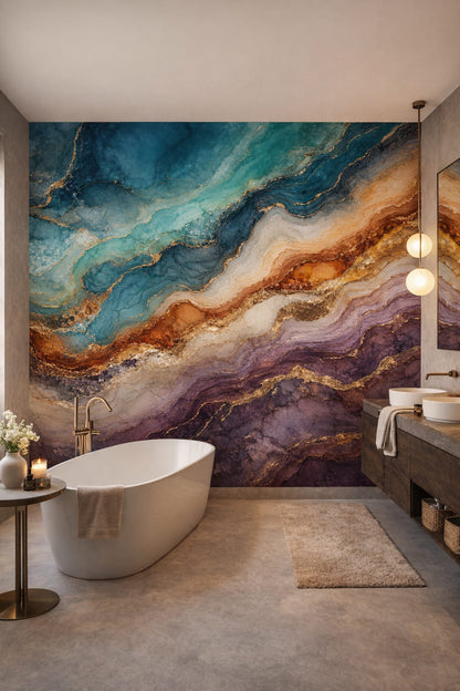 Modernist gray geode abstraction - Wall Mural Peel and Stick Wallpaper for Modern (Modernist) Luxury Bathroom.