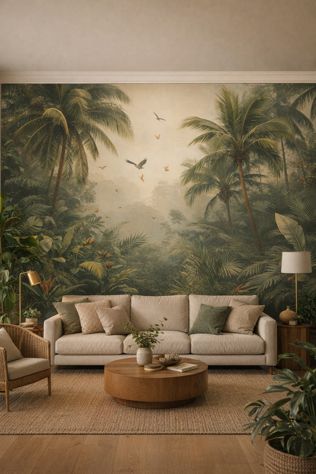 Tropical Modern white-green tropical jungle featuring palm trees - Wall Mural Peel and Stick Wallpaper for Tropical Modern Living Room.