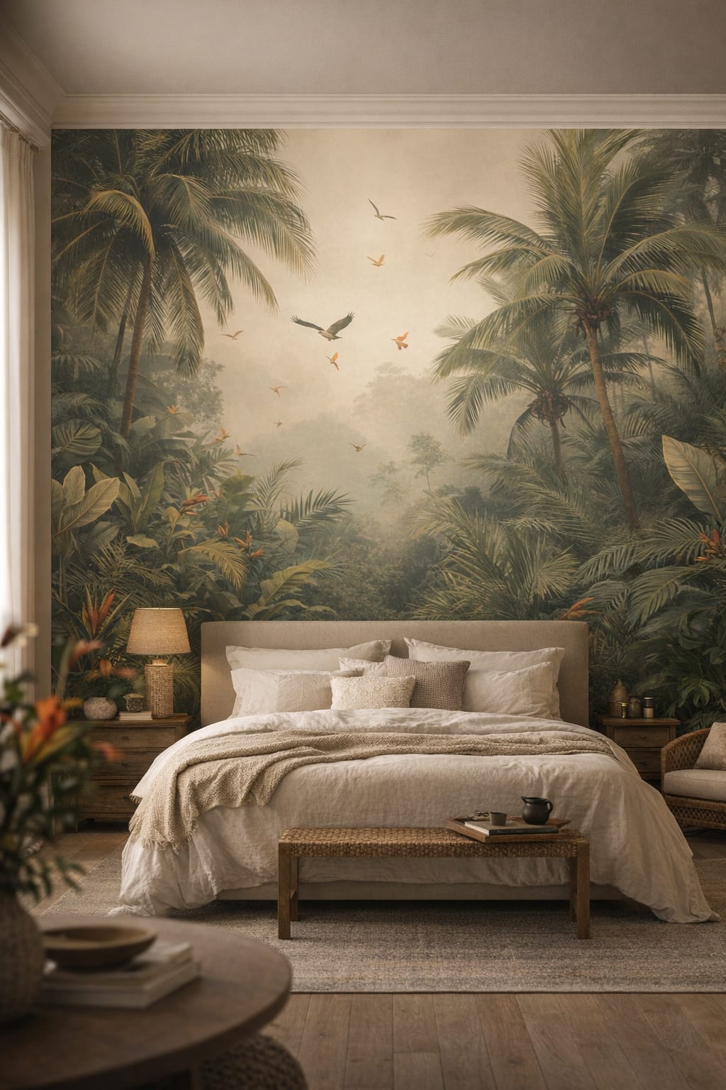 Resort Style sand-white tropical jungle featuring palm trees - Wall Mural Peel and Stick Wallpaper for Resort Style Master Bedroom.