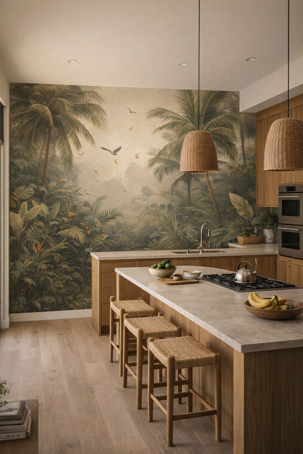 Biophilic green neutral tropical jungle featuring palm trees - Wall Mural Peel and Stick Wallpaper for Biophilic Design High-end Kitchen.