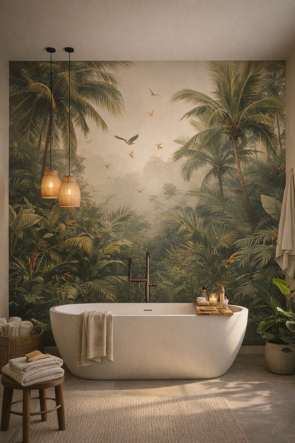 Cream-sand Organic Modern tropical jungle featuring palm trees - Wall Mural Peel and Stick Wallpaper for Organic Modern Luxury Bathroom.
