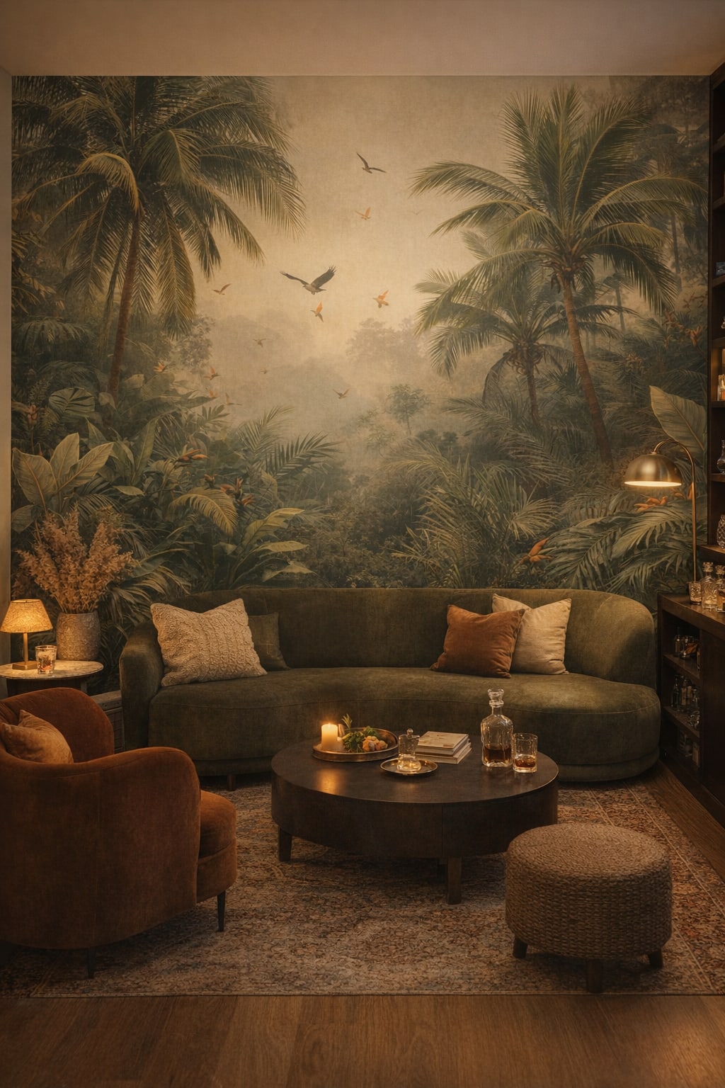 Boho Chic warm-neutral tropical jungle featuring palm trees - Wall Mural Peel and Stick Wallpaper for Boho Chic Bar/Lounge.