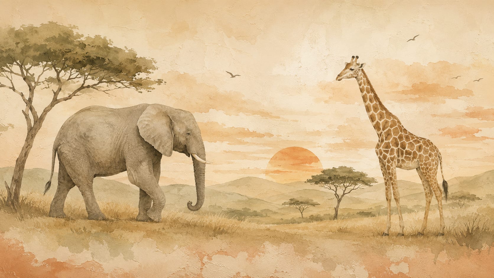 Soft painterly Beige safari animals featuring savanna landscape, acacia trees, and sunset - Wall Mural & Peel and Stick Wallpaper for Watercolor Interiors and Premium Home Styling