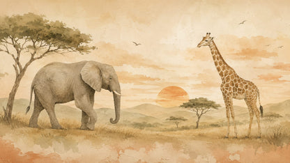 Soft painterly Beige safari animals featuring savanna landscape, acacia trees, and sunset - Wall Mural & Peel and Stick Wallpaper for Watercolor Interiors and Premium Home Styling