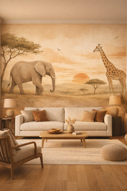 Organic Modern sand-toned safari animals featuring acacia trees - Wall Mural Peel and Stick Wallpaper for Organic Modern Living Room.