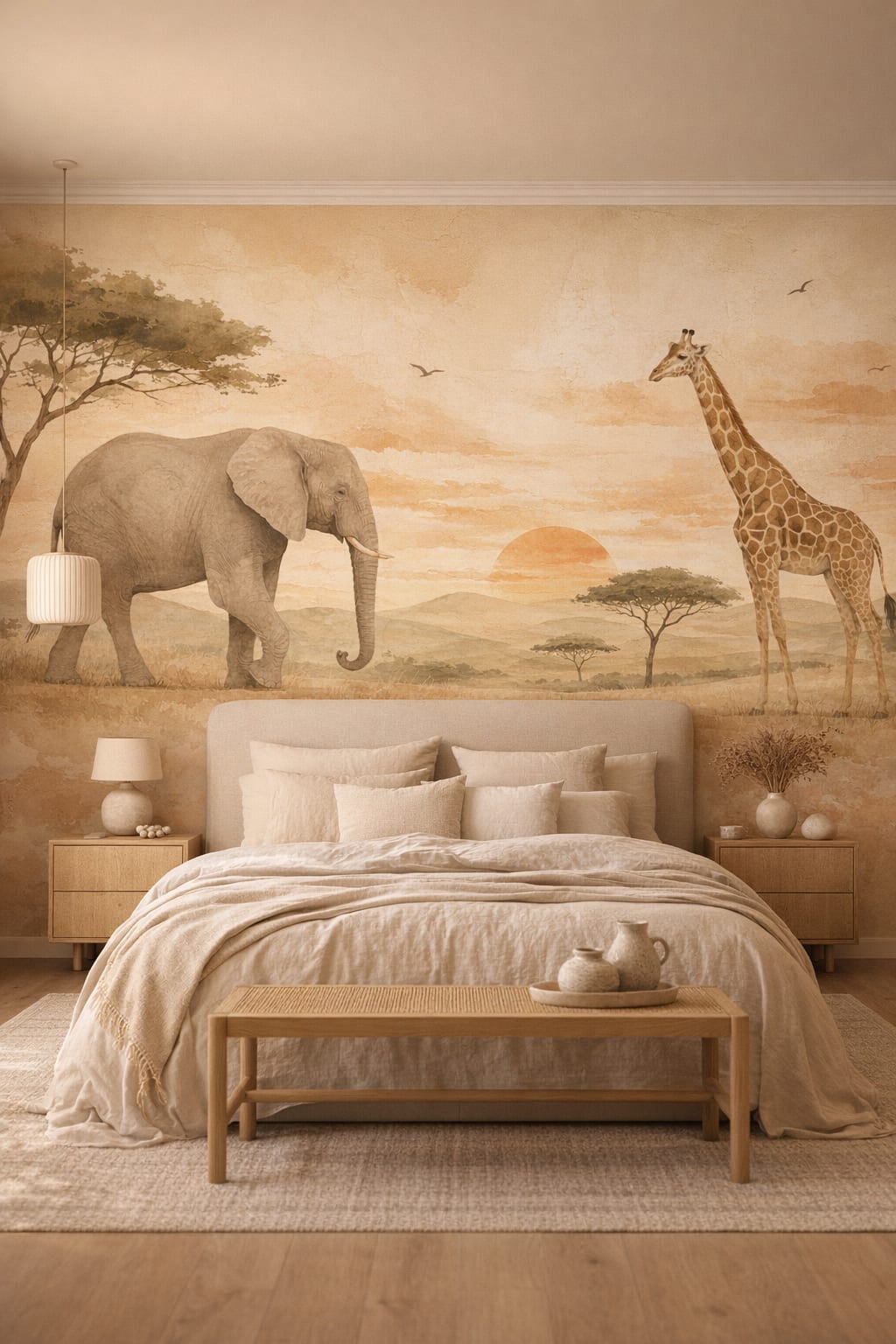 Japandi sand safari animals featuring acacia trees - Wall Mural Peel and Stick Wallpaper for Japandi Master Bedroom.