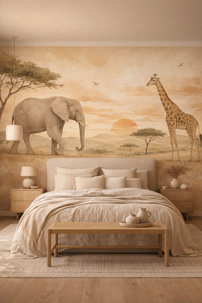 Japandi sand safari animals featuring acacia trees - Wall Mural Peel and Stick Wallpaper for Japandi Master Bedroom.
