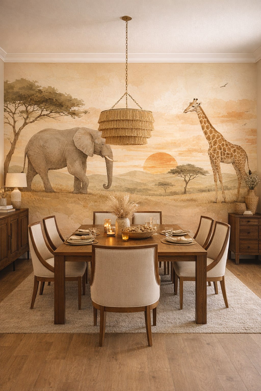 Earthy eclectic safari animals featuring sunset - Wall Mural Peel and Stick Wallpaper for Global Fusion Formal Dining Room.