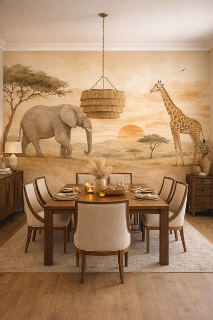 Earthy eclectic safari animals featuring sunset - Wall Mural Peel and Stick Wallpaper for Global Fusion Formal Dining Room.