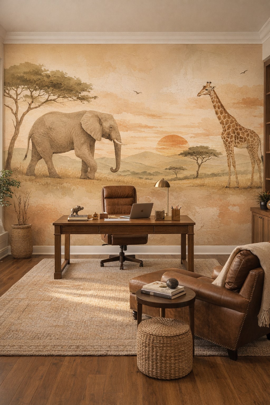 Modern Safari sand-toned safari animals featuring sunset - Wall Mural Peel and Stick Wallpaper for Modern Safari Executive Home Office.