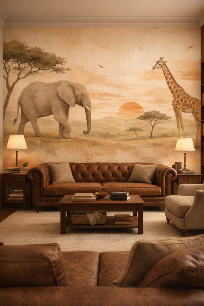 Heritage beige safari animals featuring sunset - Wall Mural Peel and Stick Wallpaper for Old Money Reading Room.