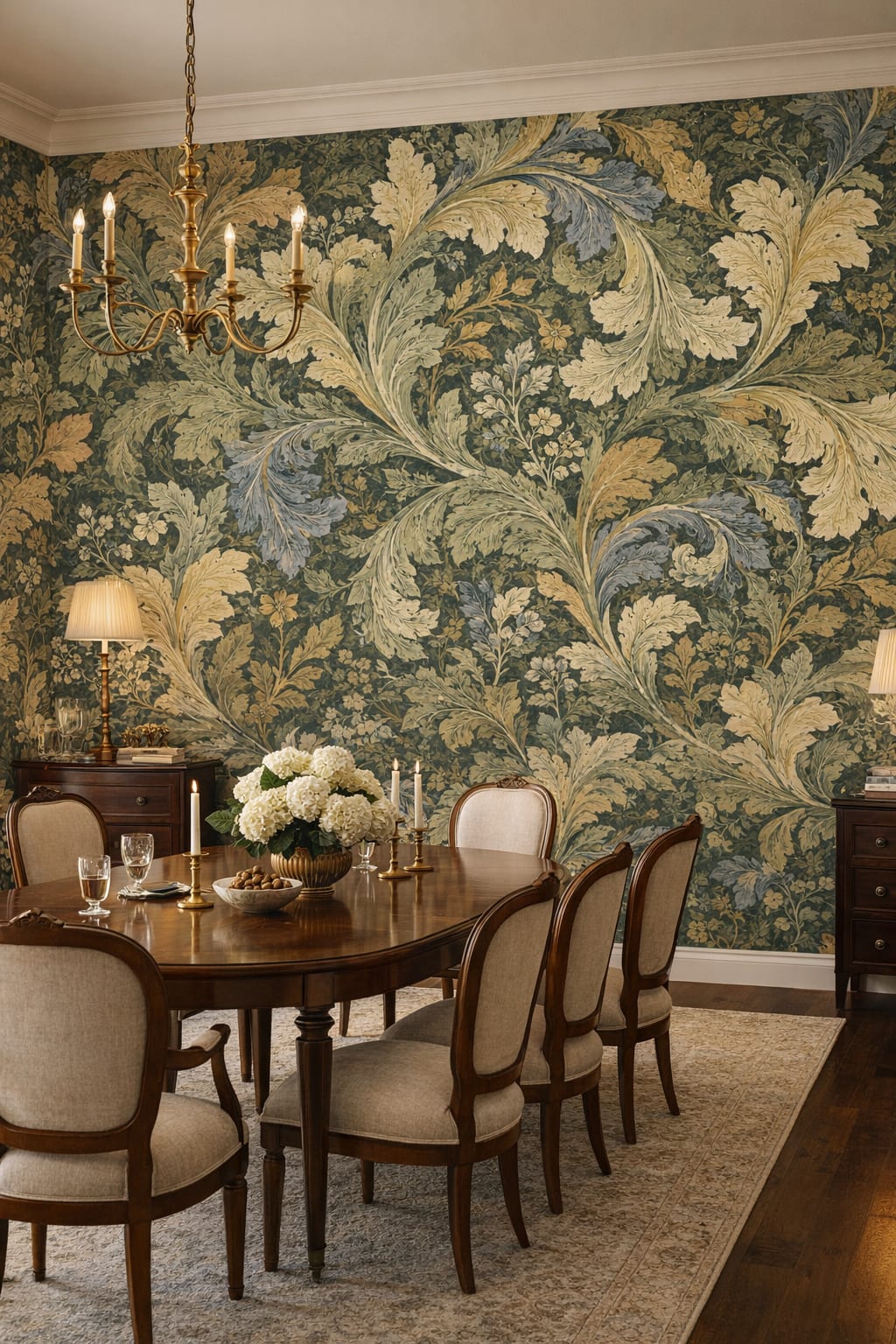 Art Nouveau green-cream ornamental foliage featuring small blossoms - Wall Mural Peel and Stick Wallpaper for Art Nouveau Formal Dining Room.