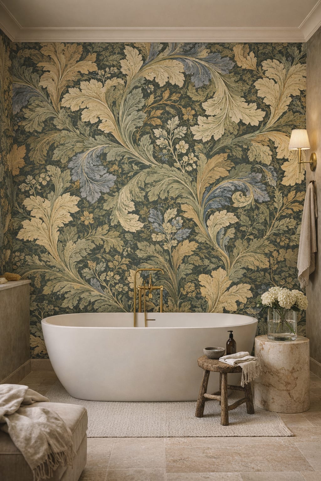 Quiet-luxury greige ornamental foliage featuring small blossoms - Wall Mural Peel and Stick Wallpaper for Quiet Luxury Luxury Bathroom.