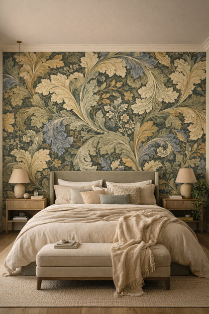 Organic Modern olive-toned ornamental foliage featuring small blossoms - Wall Mural Peel and Stick Wallpaper for Organic Modern Master Bedroom.