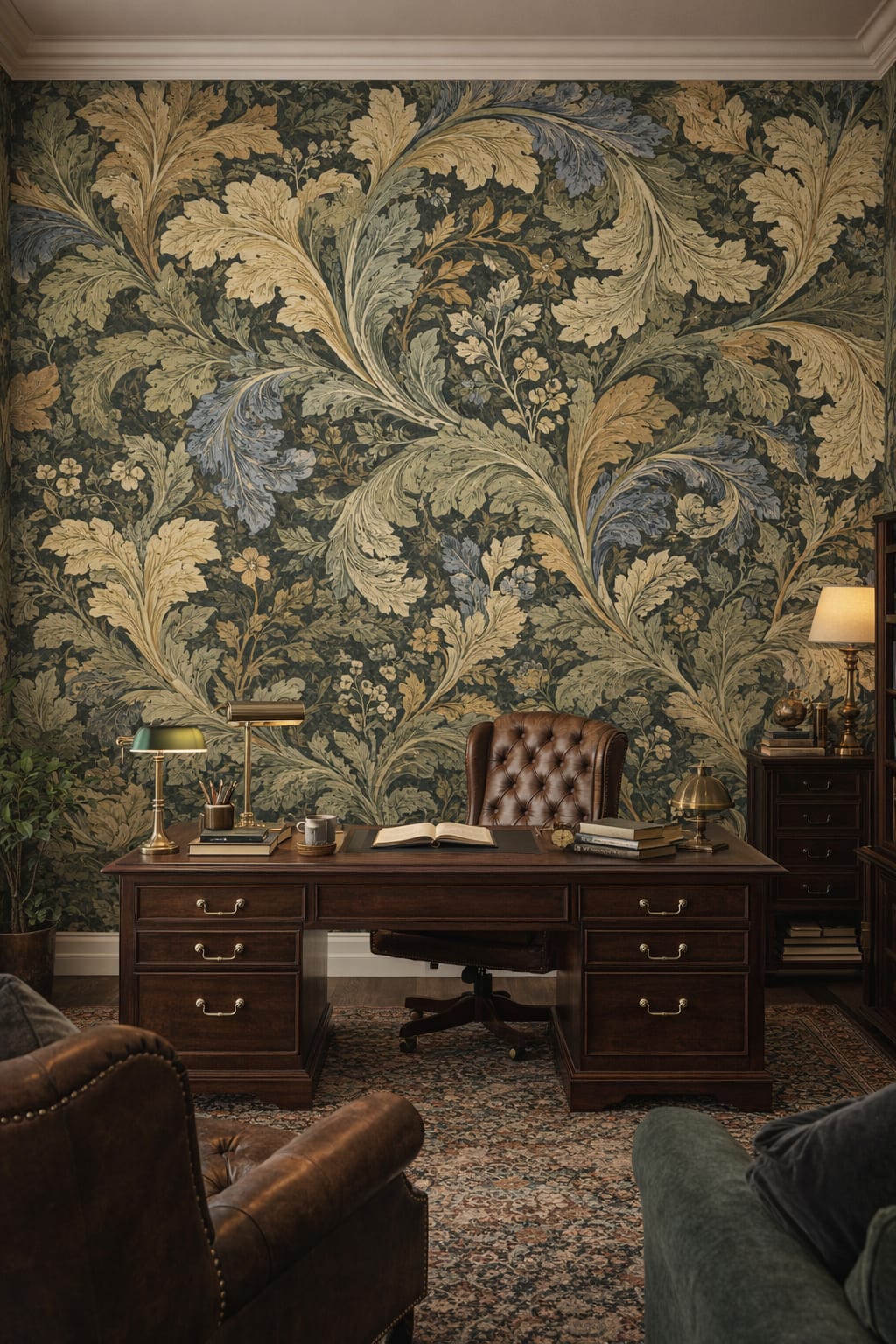 Dark Academia deep green ornamental foliage featuring small blossoms - Wall Mural Peel and Stick Wallpaper for Dark Academia Executive Home Office.