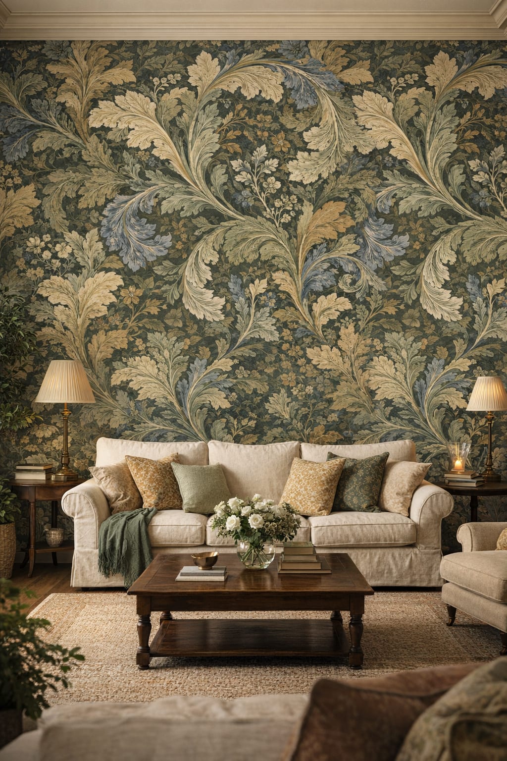 English Cottage cream-toned ornamental foliage featuring small blossoms - Wall Mural Peel and Stick Wallpaper for English Cottage Living Room.