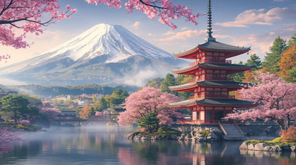 Serene scenic Pink Japanese landscape featuring Mount Fuji and a pagoda - Wall Mural & Peel and Stick Wallpaper for Watercolor Interiors and Premium Home Styling.