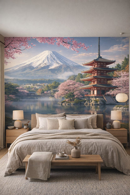 Sand-toned Japandi japanese landscape featuring Mount Fuji - Wall Mural Peel and Stick Wallpaper for Japandi Master Bedroom.