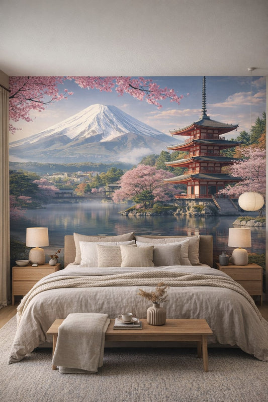 Sand-toned Japandi japanese landscape featuring Mount Fuji - Wall Mural Peel and Stick Wallpaper for Japandi Master Bedroom.