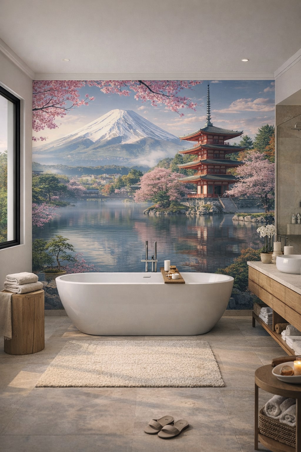 Zen neutral japanese landscape featuring Mount Fuji - Wall Mural Peel and Stick Wallpaper for Zen Luxury Bathroom.