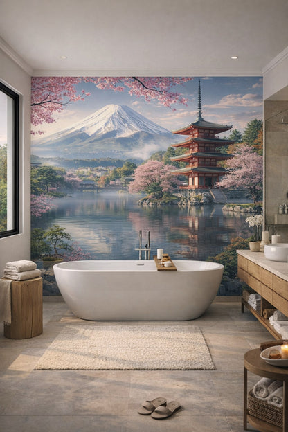 Zen neutral japanese landscape featuring Mount Fuji - Wall Mural Peel and Stick Wallpaper for Zen Luxury Bathroom.