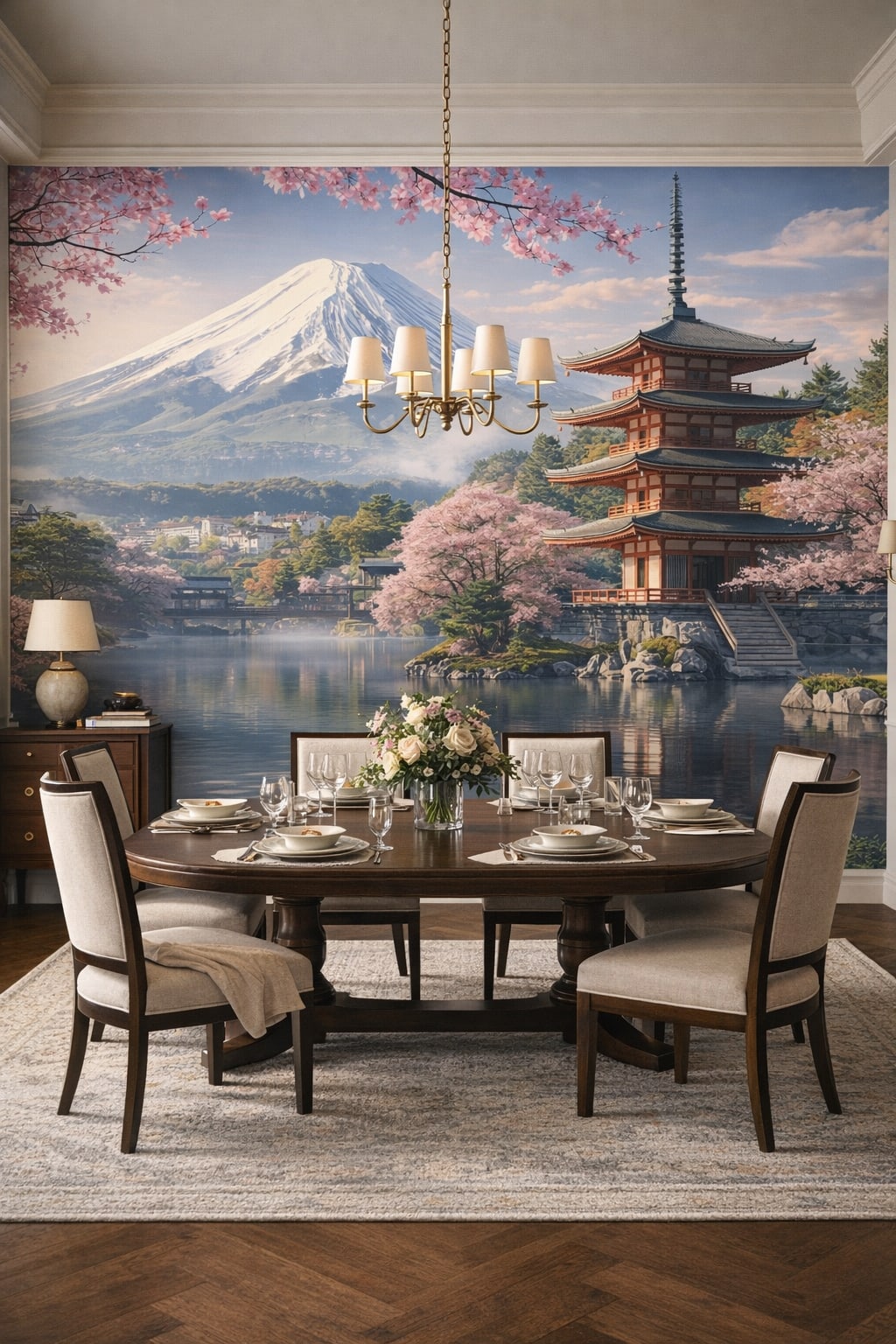 Modern Classic cream warm-gray Japanese landscape featuring Mount Fuji - Wall Mural Peel and Stick Wallpaper for Modern Classic Formal Dining Room.