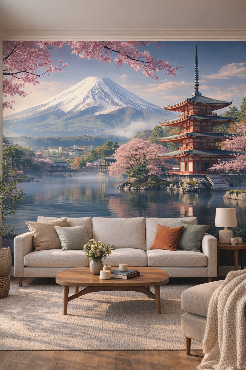 Biophilic green-neutral Japanese landscape featuring Mount Fuji - Wall Mural Peel and Stick Wallpaper for Biophilic Design Living Room.