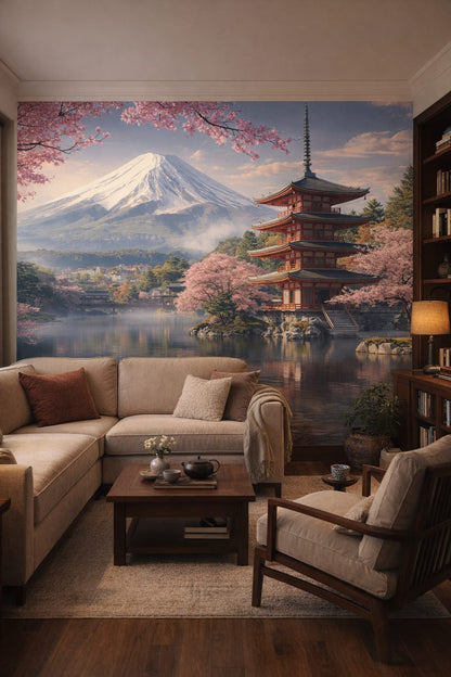 Asian Fusion neutral-black japanese landscape featuring Mount Fuji - Wall Mural Peel and Stick Wallpaper for Asian Fusion Reading Nook / Library Corner.