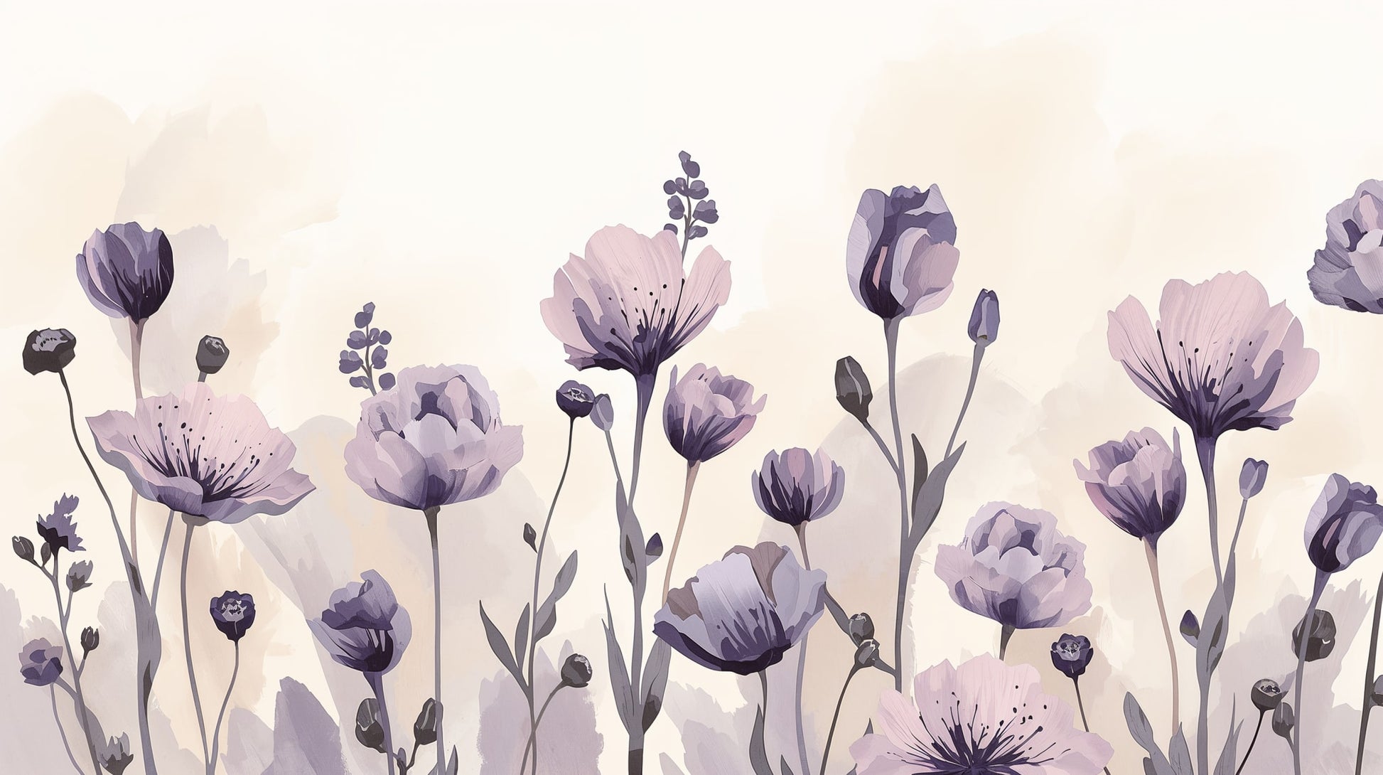 Airy painterly Cream floral blossoms featuring soft petals and stems - Wall Mural & Peel and Stick Wallpaper for Watercolor Interiors and Premium Home Styling