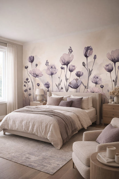 Organic Modern cream-toned floral blossoms - Wall Mural Peel and Stick Wallpaper for Organic Modern Master Bedroom.
