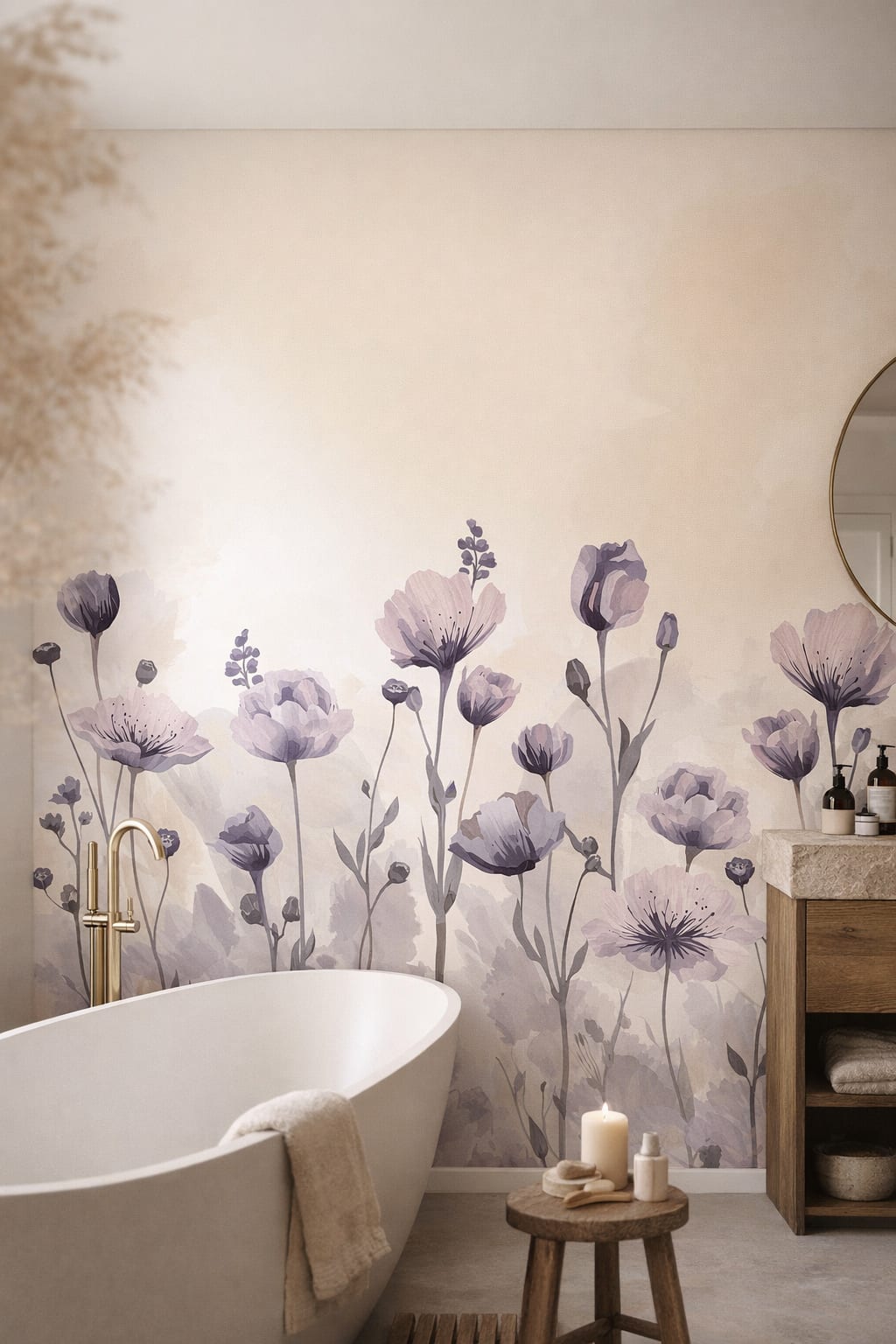 Wabi-sabi muted-earth floral blossoms - Wall Mural Peel and Stick Wallpaper for Wabi-sabi Luxury Bathroom.