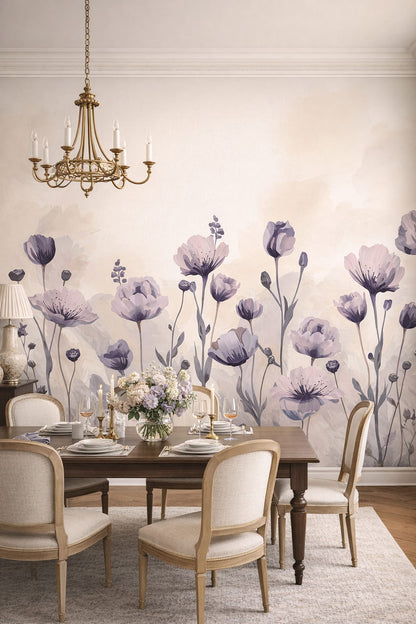 Parisian white-toned floral blossoms - Wall Mural Peel and Stick Wallpaper for Parisian Formal Dining Room.