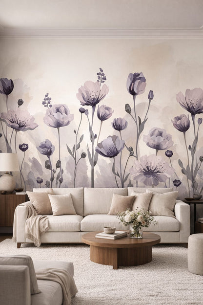 Refined greige floral blossoms - Wall Mural Peel and Stick Wallpaper for Quiet Luxury Living Room.