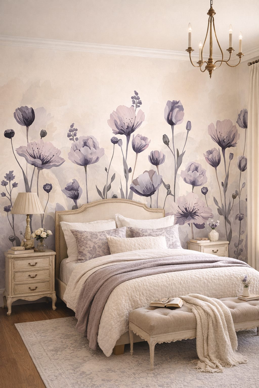 Beige French Country floral blossoms - Wall Mural Peel and Stick Wallpaper for French Country Guest Bedroom.