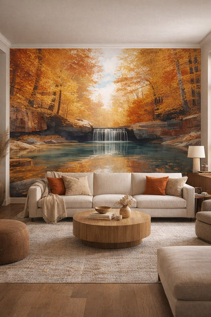 Organic Modern cream autumn forest featuring a waterfall - Wall Mural Peel and Stick Wallpaper for Organic Modern Living Room.