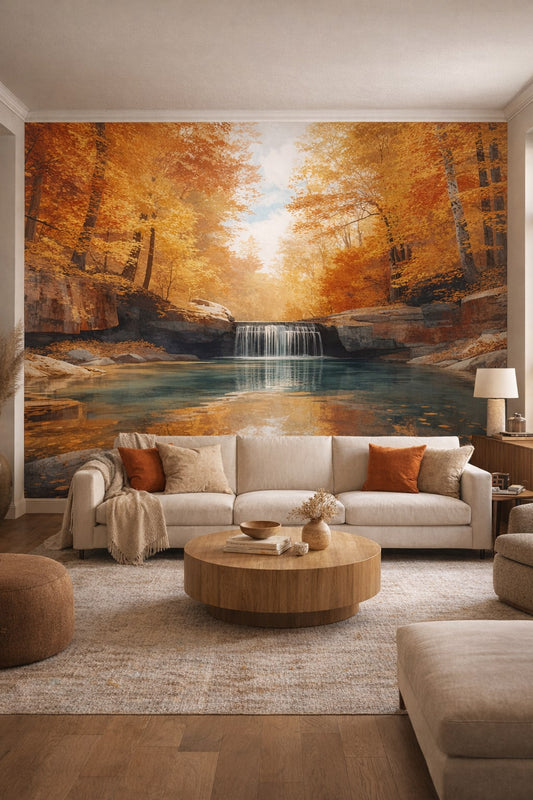 Organic Modern cream autumn forest featuring a waterfall - Wall Mural Peel and Stick Wallpaper for Organic Modern Living Room.