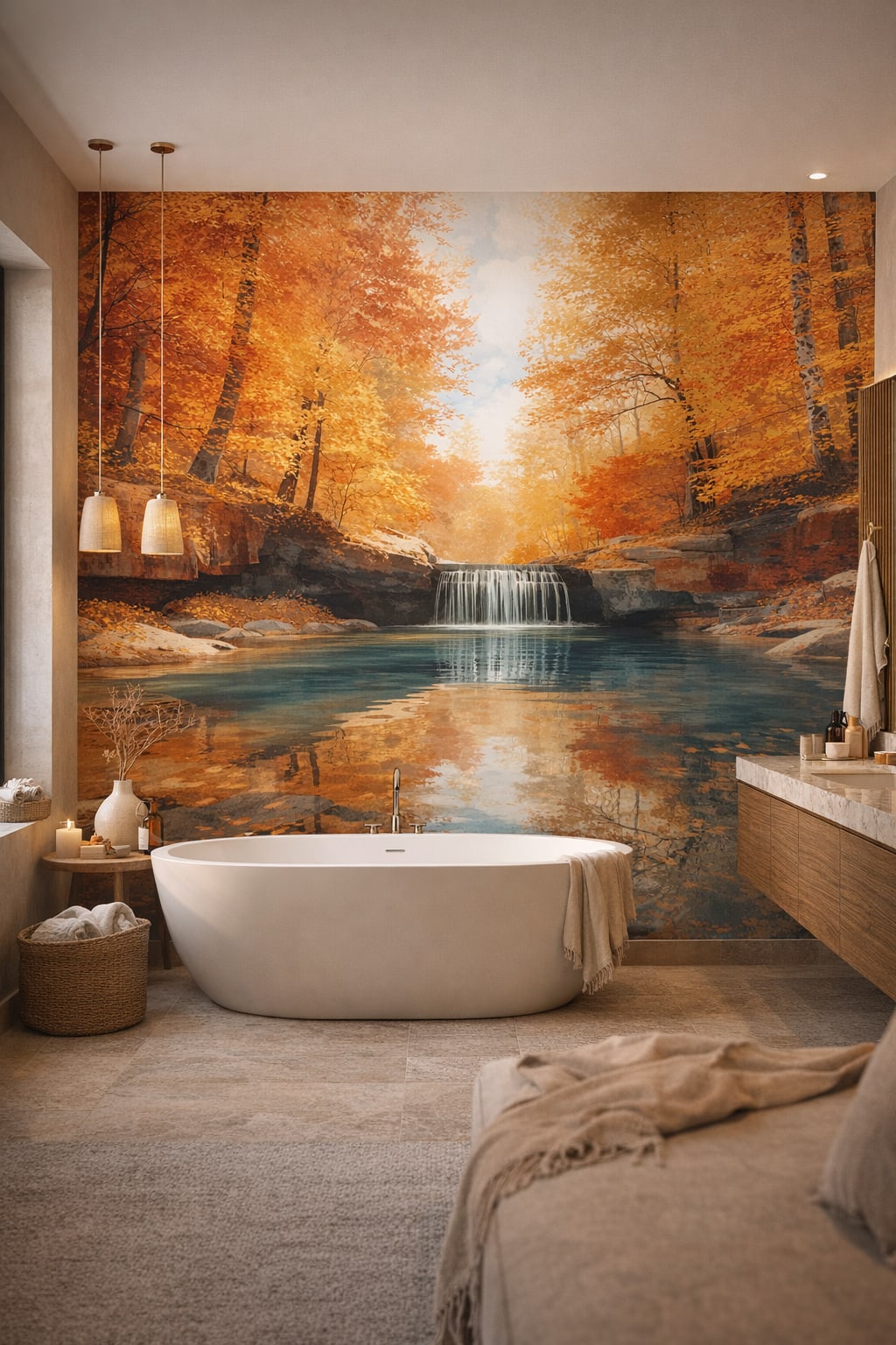 Zen soft-neutral autumn forest featuring waterfall - Wall Mural Peel and Stick Wallpaper for Zen Luxury Bathroom.