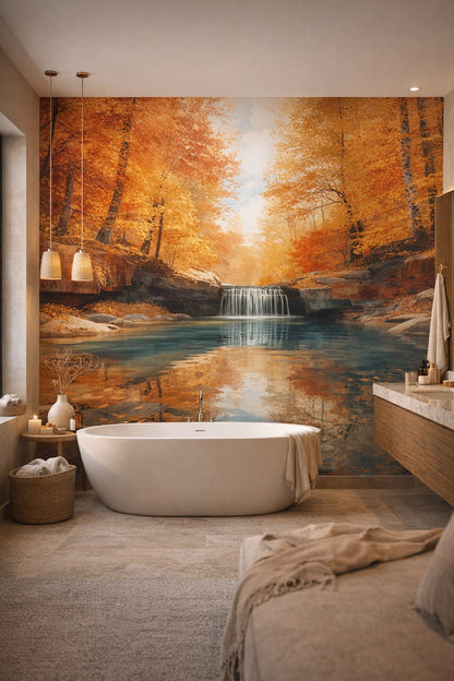 Zen soft-neutral autumn forest featuring waterfall - Wall Mural Peel and Stick Wallpaper for Zen Luxury Bathroom.