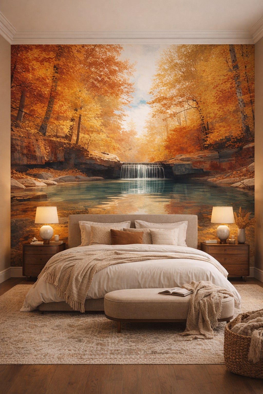 Refined greige autumn forest featuring waterfall - Wall Mural Peel and Stick Wallpaper for Quiet Luxury Master Bedroom.