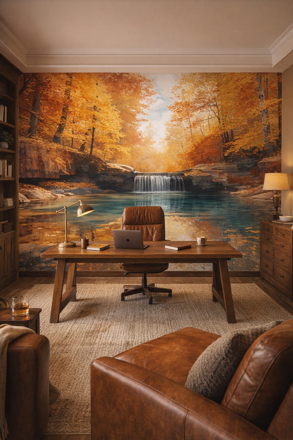 Rustic Modern sand-toned autumn forest featuring waterfall - Wall Mural Peel and Stick Wallpaper for Rustic Modern Executive Home Office.